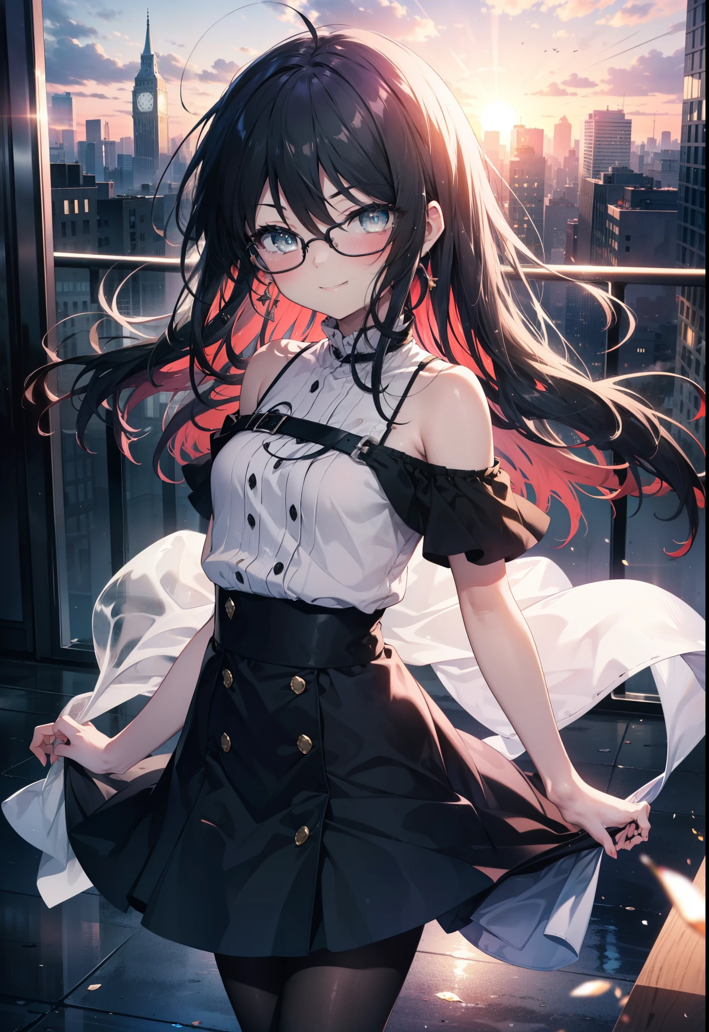 Shana,灼眼のShana,Ahoge,Long Hair,Black, Iris, Small breasts,happy smile, smile, Close your mouth,blush,Black-rimmed glasses,Cold shoulder tops,Short sleeve,Long skirt,Black pantyhose,Stiletto heels,walking,morning,morning陽,The sun is rising,whole bodyがイラストに入るように,
break looking at viewer, whole body,
break outdoors, Building district,
break (masterpiece:1.2), highest quality, High resolution, unity 8k wallpaper, (shape:0.8), (Beautiful and beautiful eyes:1.6), Highly detailed face, Perfect lighting, Highly detailed CG, (Perfect hands, Perfect Anatomy),