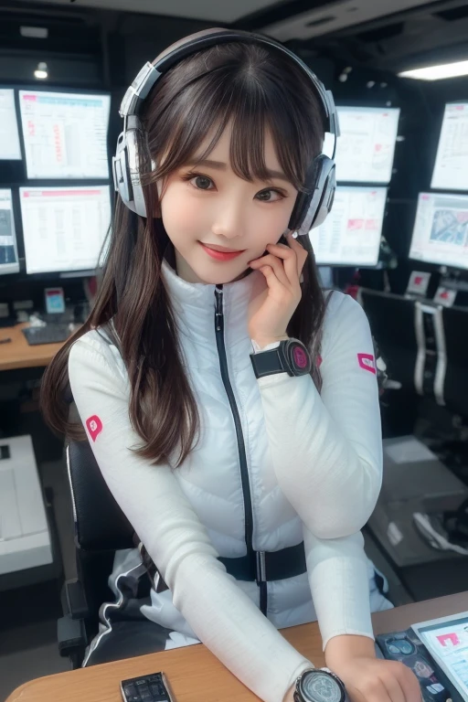 masterpiece, highest quality, Very detailed, 8K Portrait,Japanese Android Girl,plump , Control panel,Robotic arms and legs, Blunt bangs,,break (Metallic Gray, Metallic luster, Mirror finish, Astro Best):5,headphone:5,break (Black sleeves):100,Smart Watches,Futuristic space station,Control Room,break headphone,blue eyes,(Black Hair):2,(Long Hair):1.3,View the viewer,(respirator),break blush:3,Hidden Hand,smile