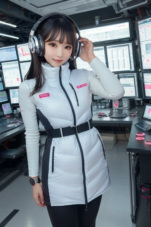 masterpiece, highest quality, Very detailed, 8K Portrait,Japanese Android Girl,plump , Control panel,Robotic arms and legs, Blunt bangs,,break (Metallic Gray, Metallic luster, Mirror finish, Astro Best):5,headphone:5,break (Black sleeves):100,Smart Watches,Futuristic space station,Control Room,break headphone,blue eyes,(Black Hair):2,(Long Hair):1.3,View the viewer,(respirator),break blush:3,Hidden Hand,smile