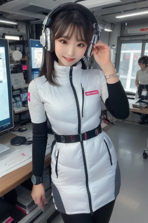 masterpiece, highest quality, Very detailed, 8K Portrait,Japanese Android Girl,plump , Control panel,Robotic arms and legs, Blunt bangs,,break (Metallic Gray, Metallic luster, Mirror finish, Astro Best):5,headphone:5,break (Black sleeves):100,Smart Watches,Futuristic space station,Control Room,break headphone,blue eyes,(Black Hair):2,(Long Hair):1.3,View the viewer,(respirator),break blush:3,Hidden Hand,smile