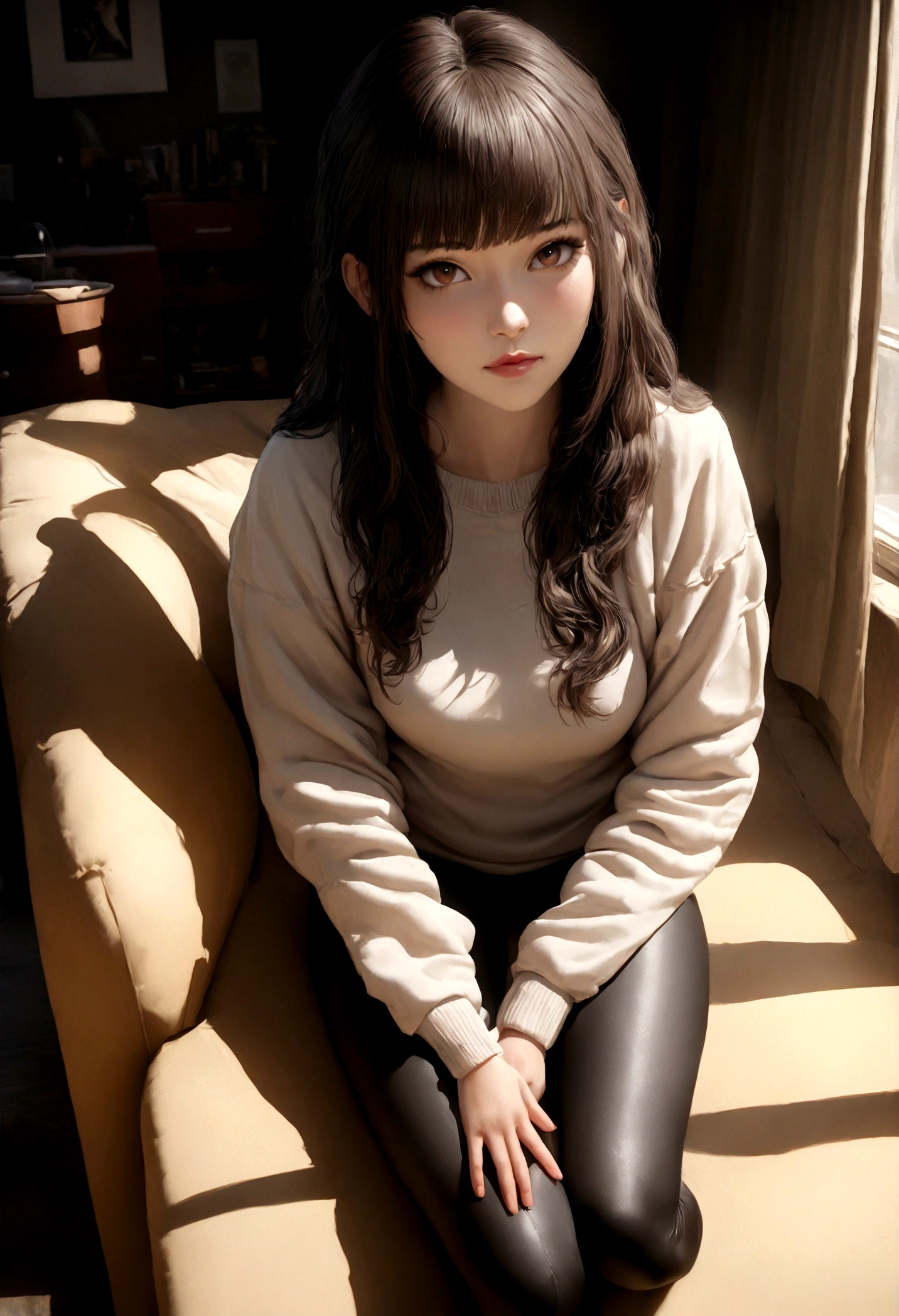 gorgeous young colombian woman, in her living room, on a sofa, wearing a legging and a sweatshirt, full body, beautiful face, masterpiece, best quality, ultra-detailed, solo, shadows, contrast, cinematic light, side lighting, high resolution, best shadow, RAW, 4k, 85 mm, poca profundidad de campo, Kodak Vision Color, extremadamente detallado, Cinematographer_Vultra), photorealistic, Realistic, Postprocesado, Maximum details, asper ezra, vida, ultra realista, fotorealismo, Cinematographer, 8k UHD, Cinematographer
