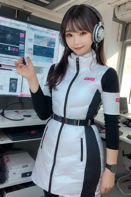 masterpiece, highest quality, Very detailed, 8K Portrait,Japanese Android Girl,plump , Control panel,Robotic arms and legs, Blunt bangs,,break (Metallic Gray, Metallic luster, Mirror finish, Astro Best):5,headphone:5,break (Black sleeves):100,Smart Watches,Futuristic space station,Control Room,break headphone,blue eyes,(Black Hair):2,(Long Hair):1.3,View the viewer,(respirator),break blush:3,Hidden Hand,smile