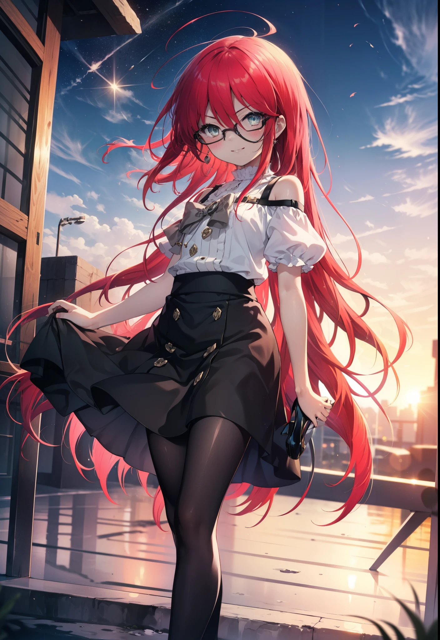 Shana,灼眼のShana,Ahoge,Long Hair,Black, Iris, Small breasts,happy smile, smile, Close your mouth,blush,Black-rimmed glasses,Cold shoulder tops,Short sleeve,Long skirt,Black pantyhose,Stiletto heels,walking,morning,morning陽,The sun is rising,whole bodyがイラストに入るように,
break looking at viewer, whole body,
break outdoors, Building district,
break (masterpiece:1.2), highest quality, High resolution, unity 8k wallpaper, (shape:0.8), (Beautiful and beautiful eyes:1.6), Highly detailed face, Perfect lighting, Highly detailed CG, (Perfect hands, Perfect Anatomy),