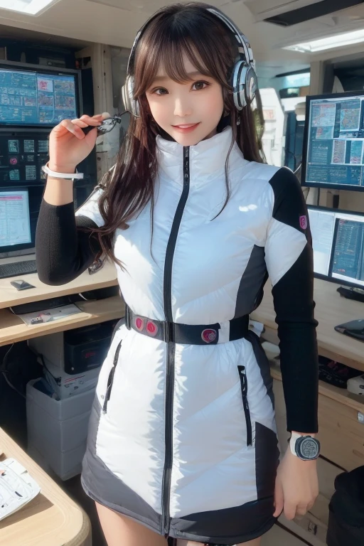 masterpiece, highest quality, Very detailed, 8K Portrait,Japanese Android Girl,plump , Control panel,Robotic arms and legs, Blunt bangs,,break (Metallic Gray, Metallic luster, Mirror finish, Astro Best):5,headphone:5,break (Black sleeves):100,Smart Watches,Futuristic space station,Control Room,break headphone,blue eyes,(Black Hair):2,(Long Hair):1.3,View the viewer,(respirator),break blush:3,Hidden Hand,smile