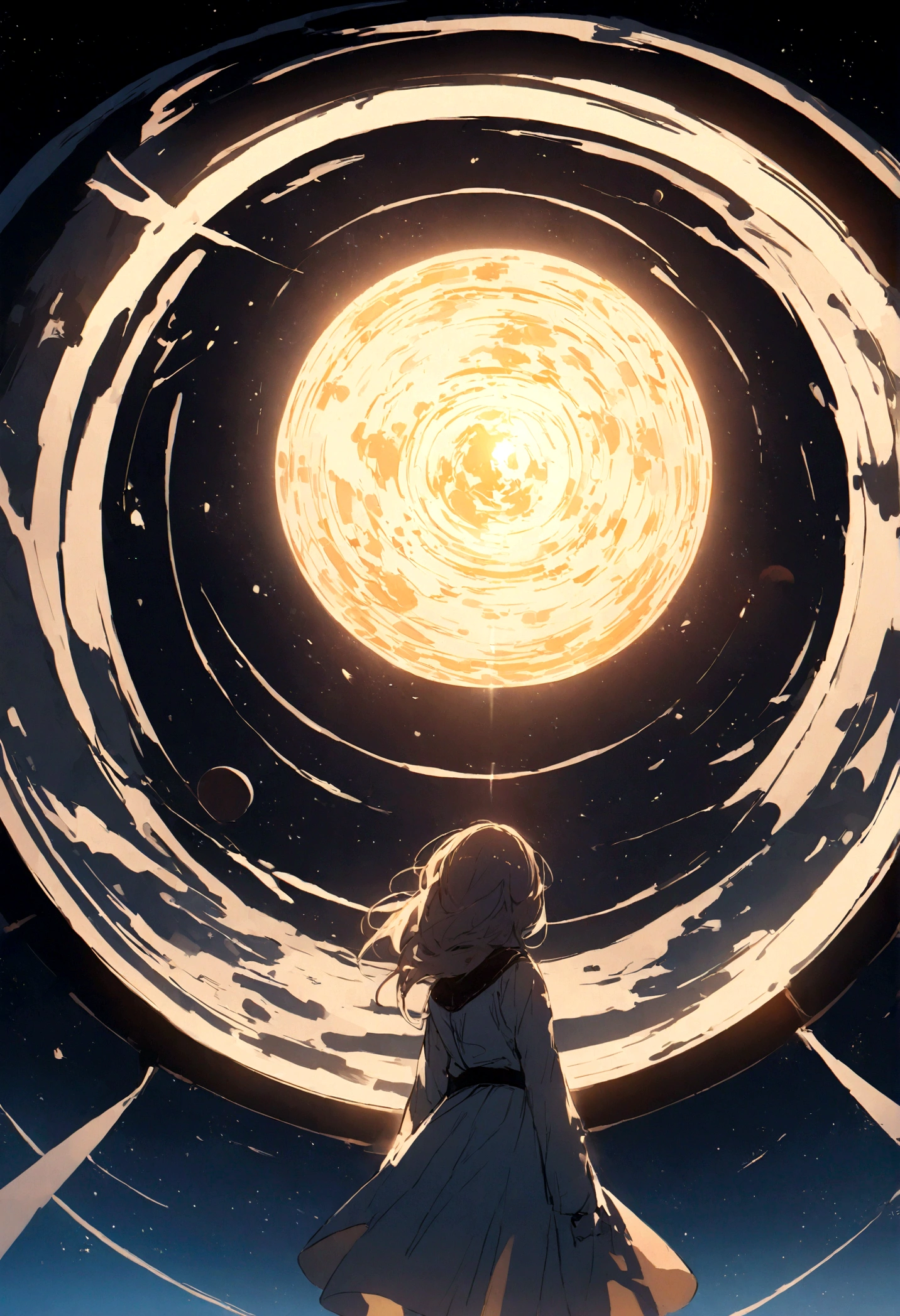 Space station on the moon、Earth visible in the distance、I can see the sun beyond that
