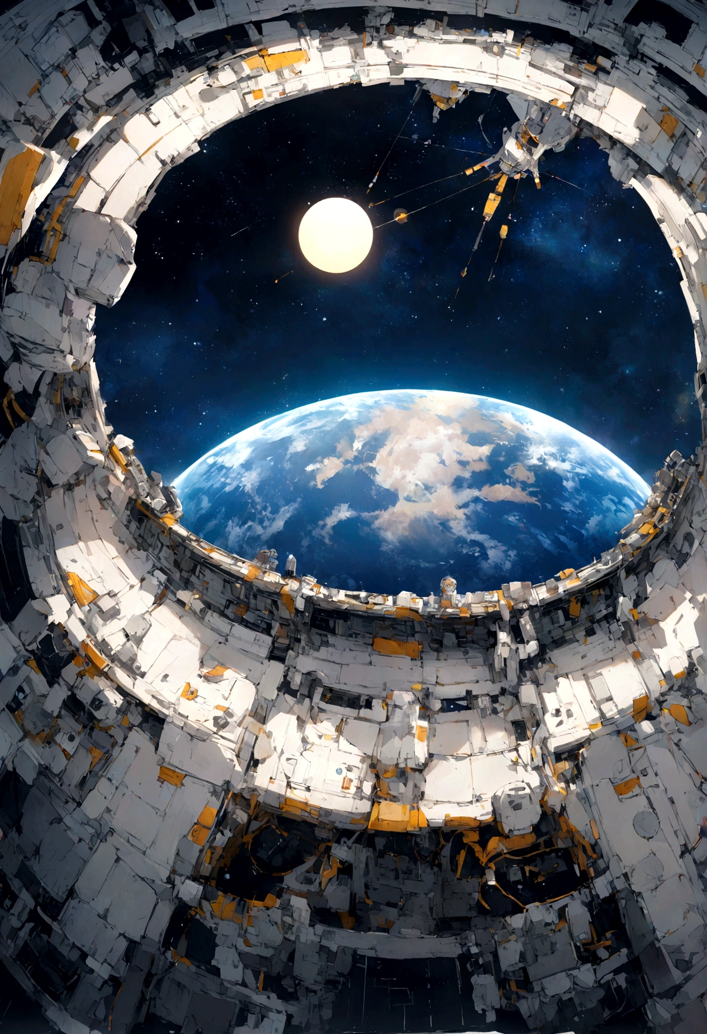 Space station on the moon、Earth visible in the distance、I can see the sun beyond that
