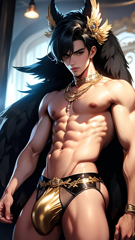 A handsome boy, , athletic build, ideal body, aesthetically beautiful, erotically tempting, seducing, offering himself With a beautiful sexy tango panti With round perfect buttocks, muscular, sweaty after a workout, In a Venetian mask with peacock and bird of paradise feathers, In White, red and gold colors, diamond chips all over the body