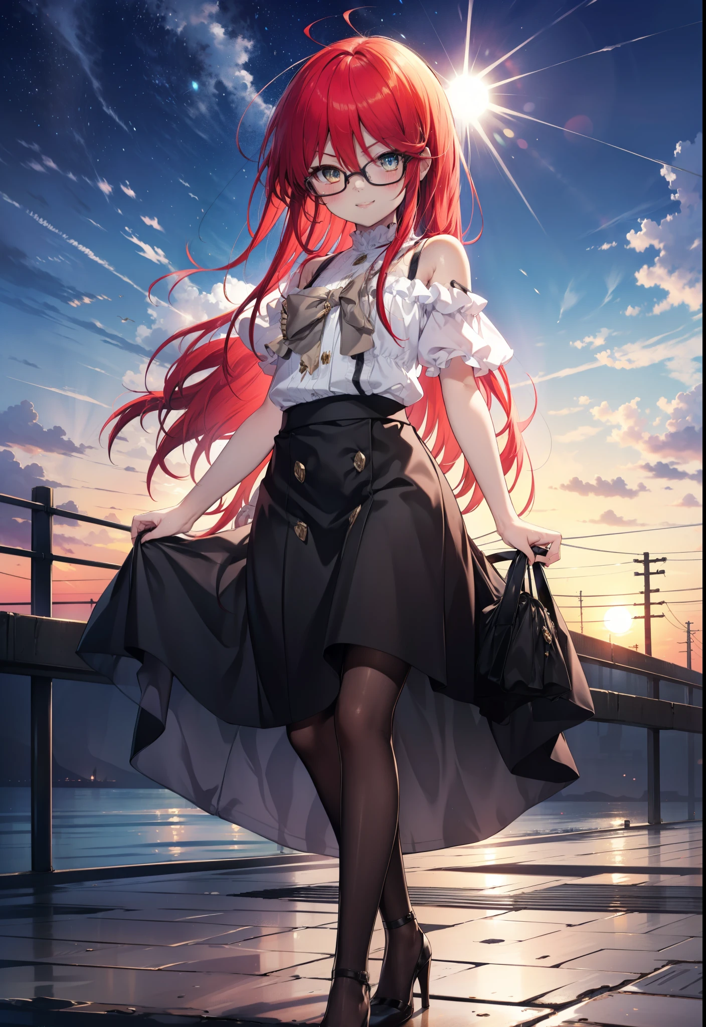 Shana,灼眼のShana,Ahoge,Long Hair,Red Hair, Red eyes, Small breasts,happy smile, smile, Close your mouth,blush,Black-rimmed glasses,Cold shoulder tops,Short sleeve,Long skirt,Black pantyhose,Stiletto heels,walking,morning,morning陽,The sun is rising,whole bodyがイラストに入るように,
break looking at viewer, whole body,
break outdoors, Building district,
break (masterpiece:1.2), highest quality, High resolution, unity 8k wallpaper, (shape:0.8), (Beautiful and beautiful eyes:1.6), Highly detailed face, Perfect lighting, Highly detailed CG, (Perfect hands, Perfect Anatomy),