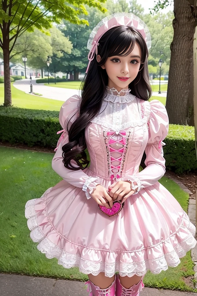 sexy stylish Swedish model, only 1 female, ((doll-like appearance)), long neon pink stylish hair, ((shiny Victorian-Style boots)), (big smile), ultra detailed eyes, very detailed eye makeup, lip-gloss, long lashes, defined eyebrows, ((sexy Sweet Lolita cosplay)), bell-shaped skirt, petticoats, high neckline, puffed sleeves, ((ultra detailed lace)), ((ultra detailed embroidery)), intricate details, animals, fairy tales, heart-shaped bag, Sweet Lolita accessoires, large bow, Sweet Lolita choker, ((large sparkling Sweet Lolita jewelry)), cinematic light, detailed large park background with trees