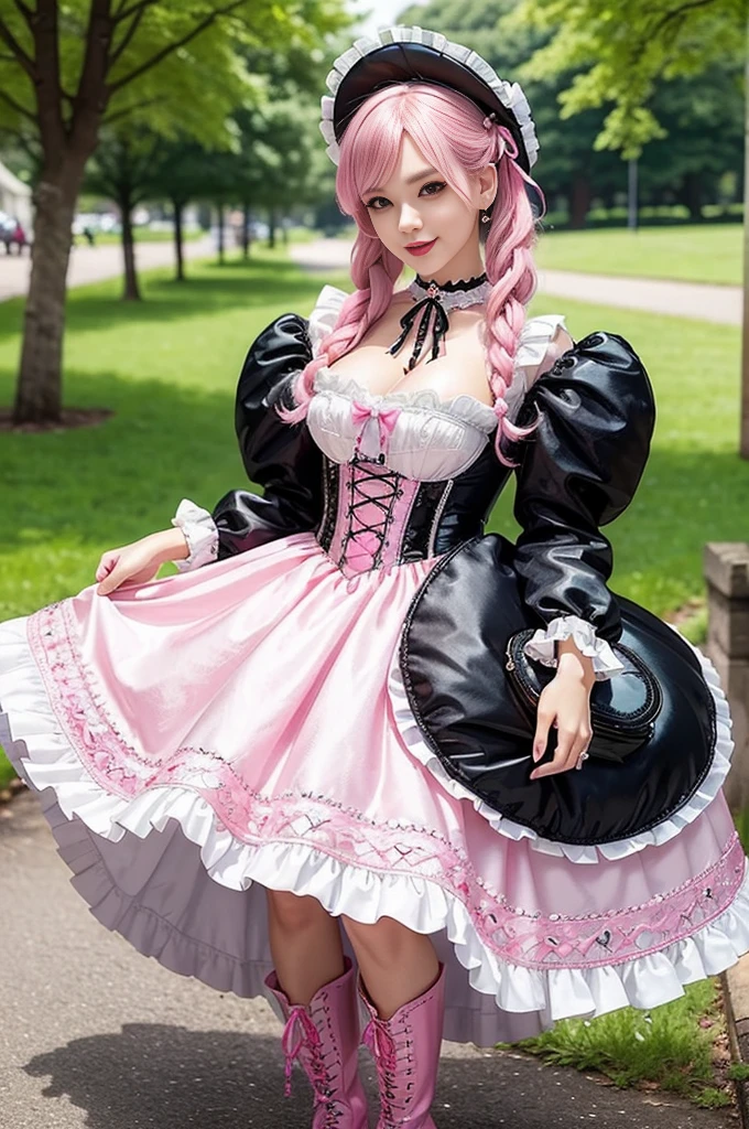 sexy stylish Swedish model, only 1 female, ((doll-like appearance)), long neon pink stylish hair, ((shiny Victorian-Style boots)), (big smile), ultra detailed eyes, very detailed eye makeup, lip-gloss, long lashes, defined eyebrows, ((sexy Sweet Lolita cosplay)), bell-shaped skirt, petticoats, high neckline, puffed sleeves, ((ultra detailed lace)), ((ultra detailed embroidery)), intricate details, animals, fairy tales, heart-shaped bag, Sweet Lolita accessoires, large bow, Sweet Lolita choker, ((large sparkling Sweet Lolita jewelry)), cinematic light, detailed large park background with trees