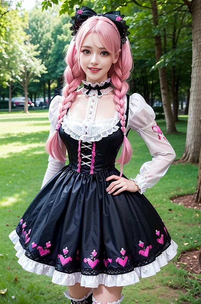 sexy stylish Swedish model, only 1 female, ((doll-like appearance)), long neon pink stylish hair, ((shiny Victorian-Style boots)), (big smile), ultra detailed eyes, very detailed eye makeup, lip-gloss, long lashes, defined eyebrows, ((sexy Sweet Lolita cosplay)), bell-shaped skirt, petticoats, high neckline, puffed sleeves, ((ultra detailed lace)), ((ultra detailed embroidery)), intricate details, animals, fairy tales, heart-shaped bag, Sweet Lolita accessoires, large bow, Sweet Lolita choker, ((large sparkling Sweet Lolita jewelry)), cinematic light, detailed large park background with trees