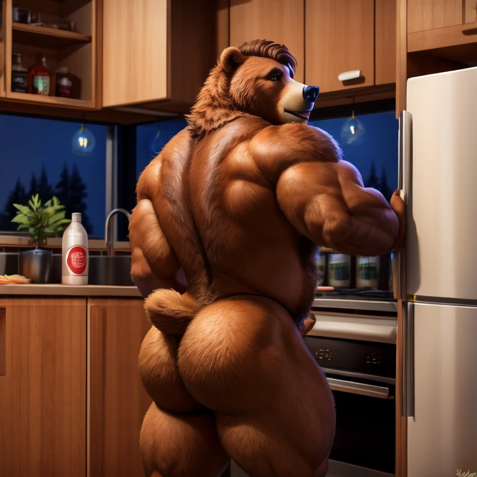 anthro bear, male, adult, muscles, brown fur, brown hair, tail, hungry, in the kitchen, messy kitchen, opening the fridge, raiding the fridge, eating burgers at fridge, buffed body, tail, sexy, beefy body, furred body, furry chest hair, realistic, full body, photorealistic, ultra realistic, 8k, night, bare-chested, black nipples, butt, sexy butt, fluffy ass, in back turned posing.