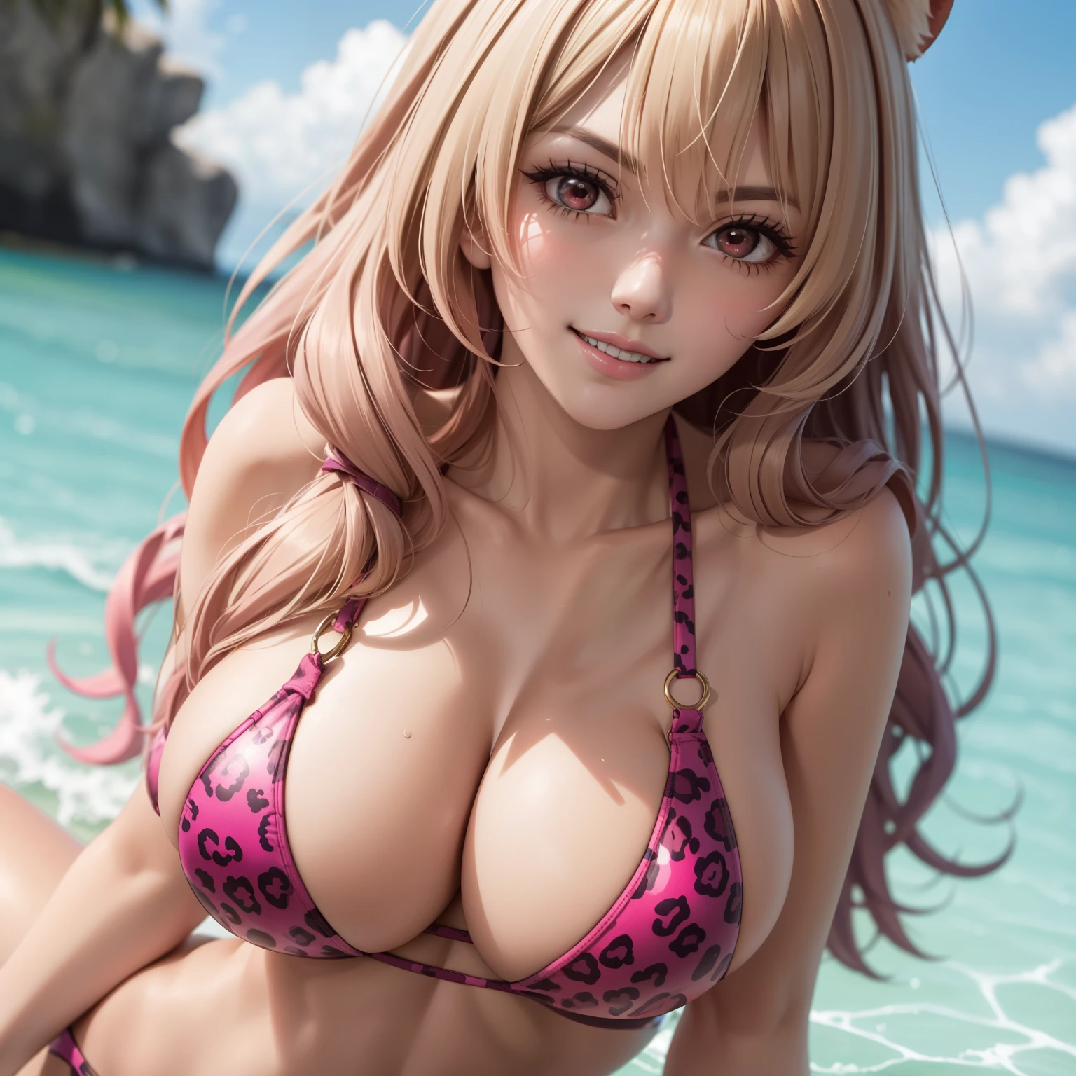 Raphtalia woman 35 years old blonde hair , orejas de oso, red eyes like ruby., sonrisa seductoras,  pale skin, big breasts pink bikini jaguar design,  breasts in front of the camera in close-up.  de pie cuerpo completo. manos en las caderas. fondo un balneario lujoso