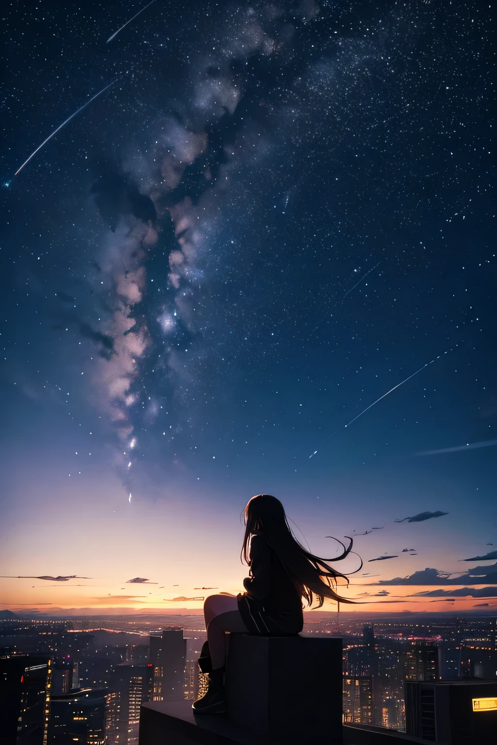 Octane, null, star (null), scenery, starry null, night, One girl, night null, alone, Outdoor, building, cloud, milky way, Sitting, wood, Long Hair, city, silhouette, cityscape