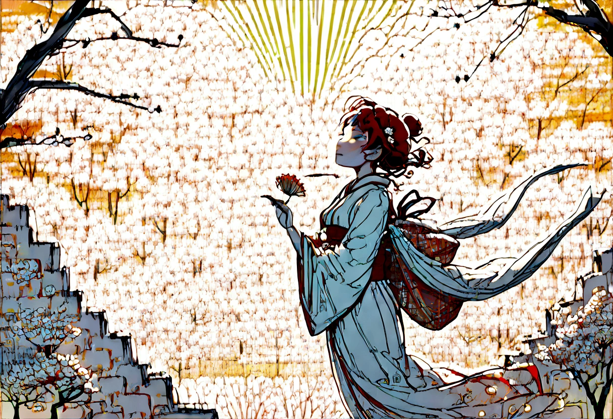 It's spring, and it's all spring!, lineart, watercolor, by (((((Hokusai))))) and Alphonse Mucha