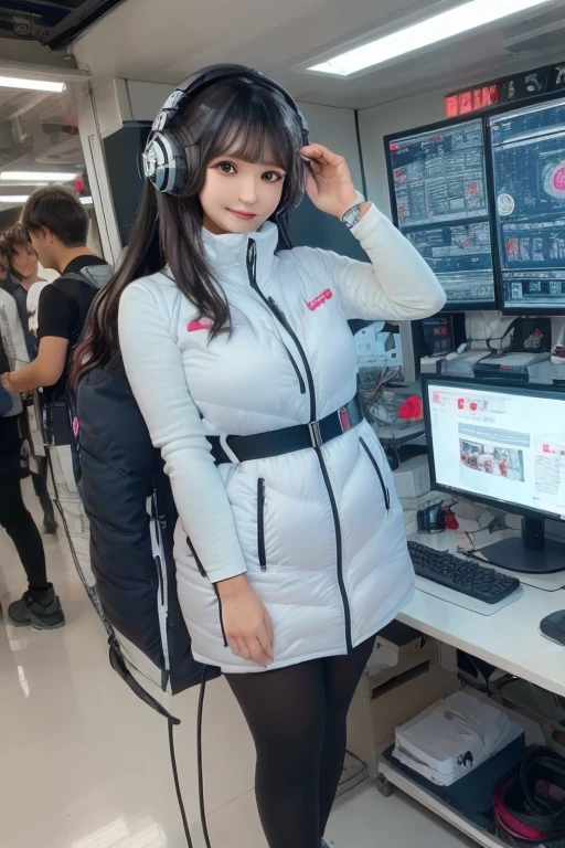 masterpiece, highest quality, Very detailed, 8K Portrait,Japanese Android Girl,plump , Control panel,Robotic arms and legs, Blunt bangs,,break (Metallic Gray, Metallic luster, Mirror finish, Astro Best):5,headphone:5,break (Black sleeves):100,Smart Watches,Futuristic space station,Control Room,break headphone,blue eyes,(Black Hair):2,(Long Hair):1.3,View the viewer,(respirator),break blush:3,Hidden Hand,smile