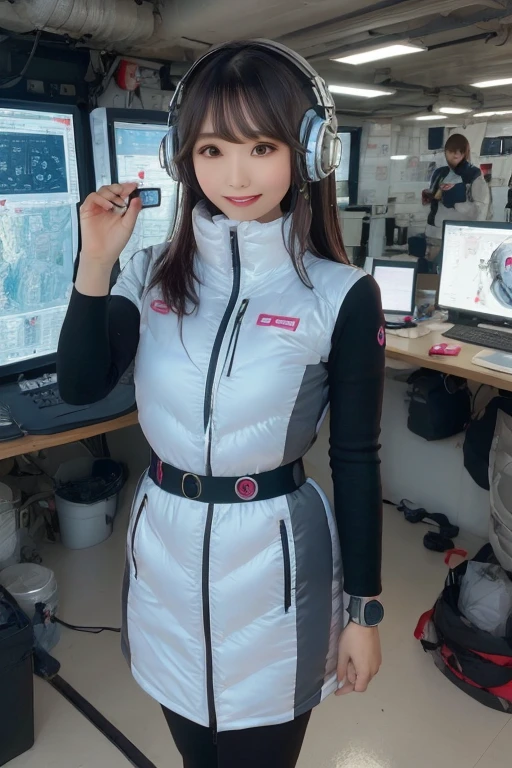 masterpiece, highest quality, Very detailed, 8K Portrait,Japanese Android Girl,plump , Control panel,Robotic arms and legs, Blunt bangs,,break (Metallic Gray, Metallic luster, Mirror finish, Astro Best):5,headphone:5,break (Black sleeves):100,Smart Watches,Futuristic space station,Control Room,break headphone,blue eyes,(Black Hair):2,(Long Hair):1.3,View the viewer,(respirator),break blush:3,Hidden Hand,smile