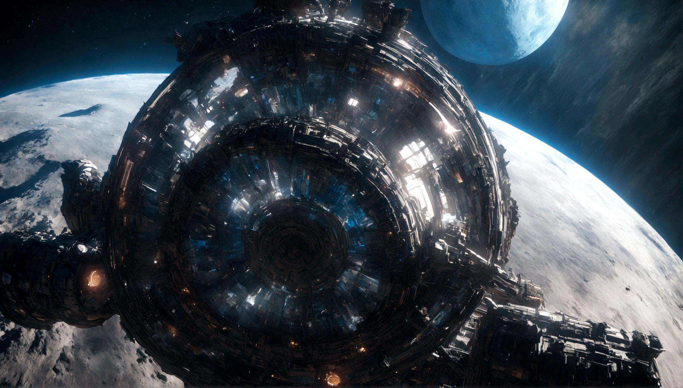 conceptual masterpiece that showcases vibrant glass architecture and captures the essence of a thriving interstellar civilization., Dark fantasy, Cinematic, Portrait Photography, architecture,  3D Rendering.Aerial view of the space station on the moon、