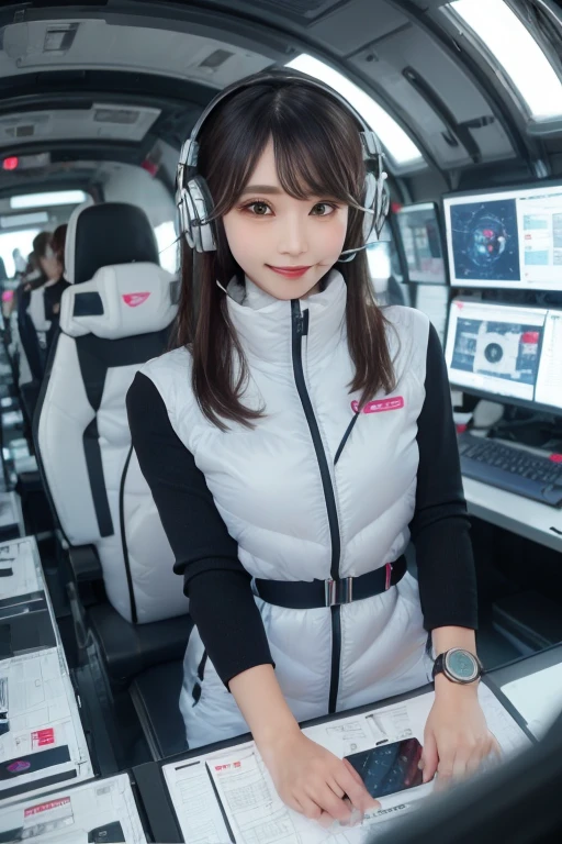 masterpiece, highest quality, Very detailed, 8K Portrait,Japanese Android Girl,plump , Control panel,Robotic arms and legs, Blunt bangs,,break (Metallic Gray, Metallic luster, Mirror finish, Astro Best):5,headphone:5,break (Black sleeves):100,Smart Watches,Futuristic space station,Control Room,break headphone,blue eyes,(Black Hair):2,(Long Hair):1.3,View the viewer,(respirator),break blush:3,Hidden Hand,smile