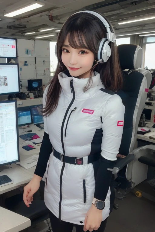 masterpiece, highest quality, Very detailed, 8K Portrait,Japanese Android Girl,plump , Control panel,Robotic arms and legs, Blunt bangs,,break (Metallic Gray, Metallic luster, Mirror finish, Astro Best):5,headphone:5,break (Black sleeves):100,Smart Watches,Futuristic space station,Control Room,break headphone,blue eyes,(Black Hair):2,(Long Hair):1.3,View the viewer,(respirator),break blush:3,Hidden Hand,smile