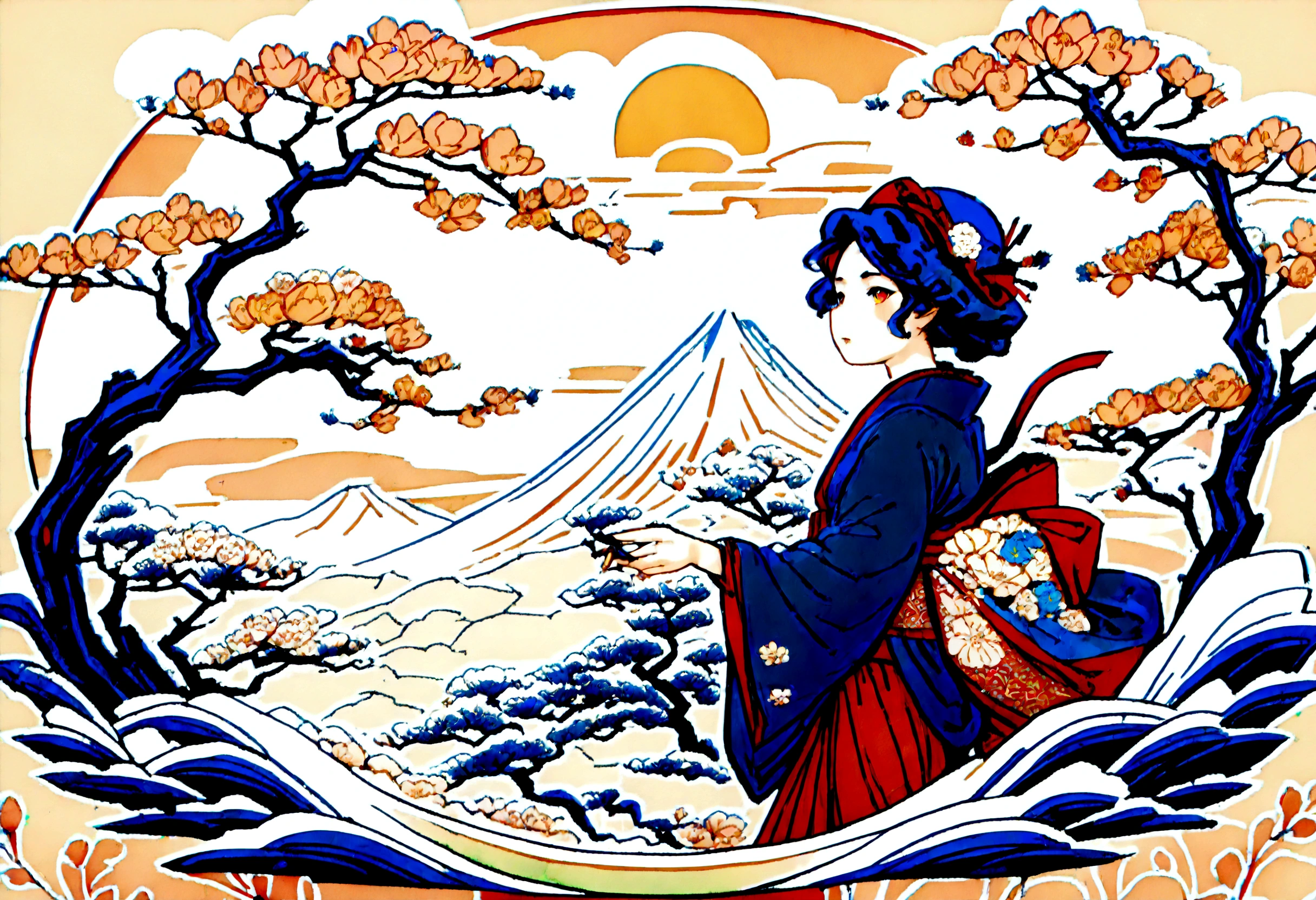 Spring is in full bloom, lineart, watercolor, by (((((Hokusai))))) and Alphonse Mucha