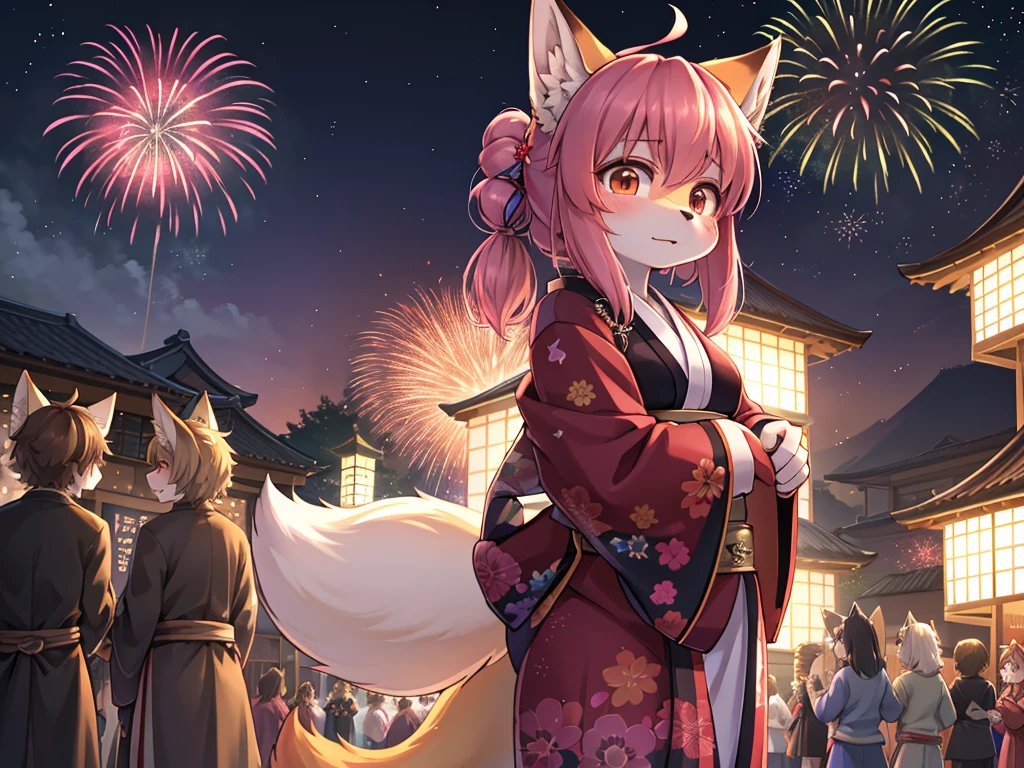 Hallucination, daydream , fantastic , Fear , bokeh , hairy fur , yukata , fox girl , hair tie , Medium hair , up hair , natsu matsuri , Japanese festival , Sensual nape , Fireworks display , look away , focus nape , Dating simulation games , Large crowd , 16bit