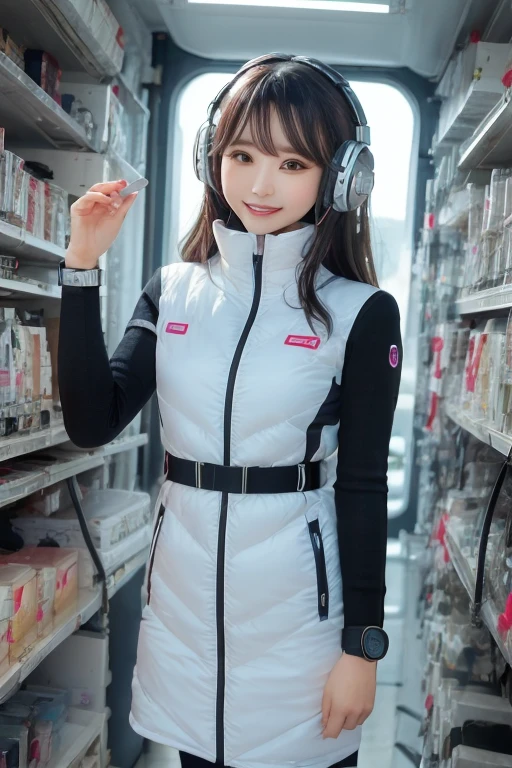 masterpiece, highest quality, Very detailed, 8K Portrait,Japanese Android Girl,plump , Control panel,Robotic arms and legs, Blunt bangs,,break (Metallic Gray, Metallic luster, Mirror finish, Astro Best):5,headphone:5,break (Black sleeves):100,Smart Watches,Futuristic space station,Control Room,break headphone,blue eyes,(Black Hair):2,(Long Hair):1.3,View the viewer,(respirator),break blush:3,Hidden Hand,smile