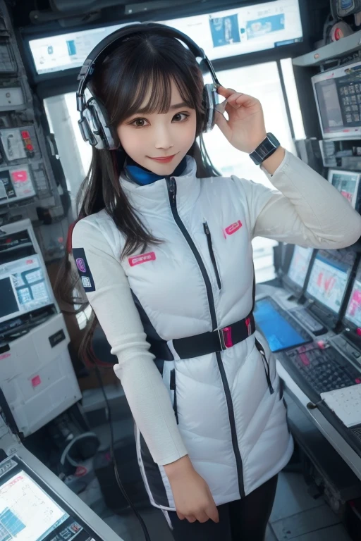 masterpiece, highest quality, Very detailed, 8K Portrait,Japanese Android Girl,plump , Control panel,Robotic arms and legs, Blunt bangs,,break (Metallic Gray, Metallic luster, Mirror finish, Astro Best):5,headphone:5,break (Black sleeves):100,Smart Watches,Futuristic space station,Control Room,break headphone,blue eyes,(Black Hair):2,(Long Hair):1.3,View the viewer,(respirator),break blush:3,Hidden Hand,smile