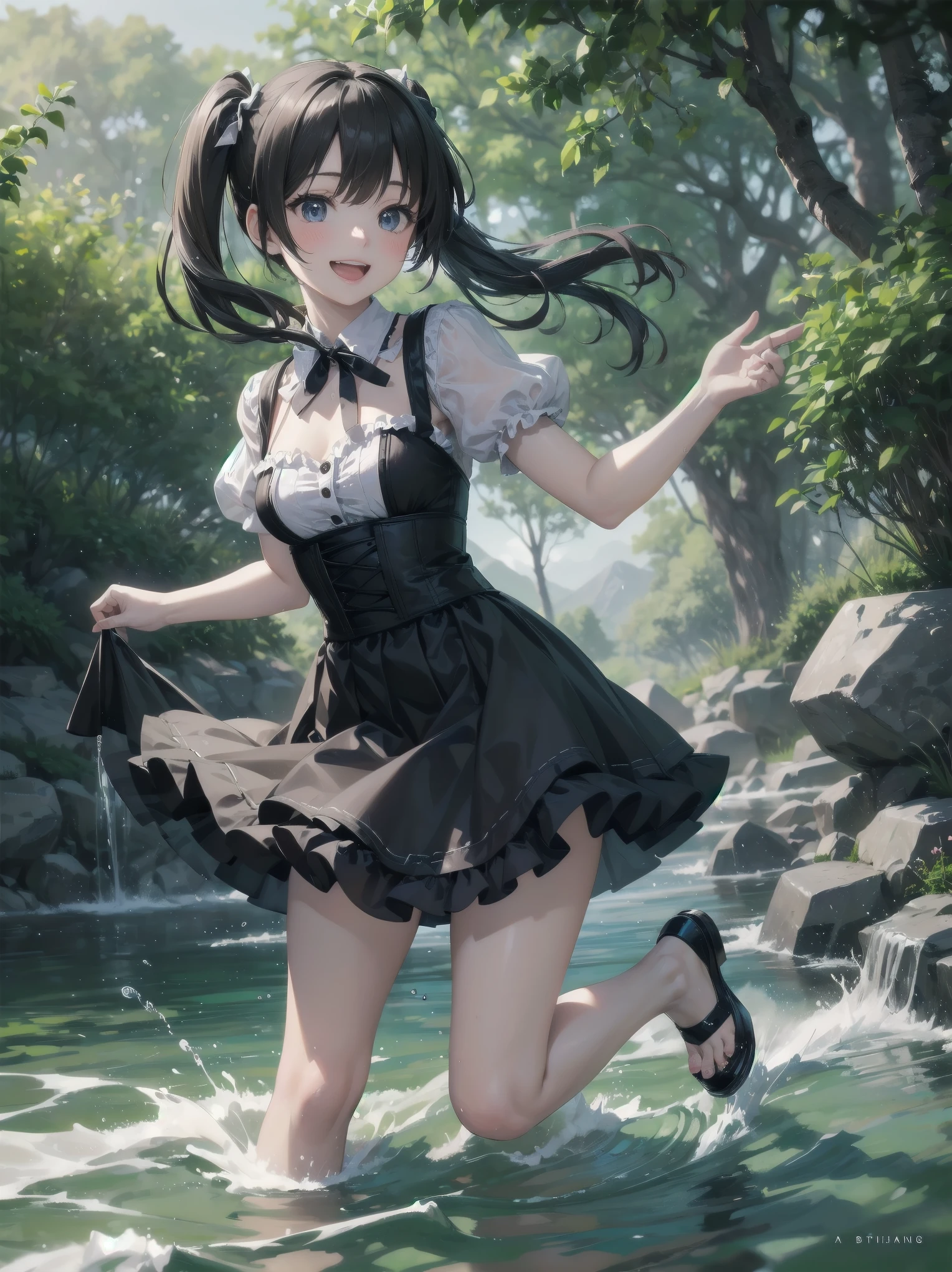 Subject: {A naive girl boldly frolics by the water's edge
Subtitle: {Long black hair in twin tails}{Black bustier and frilly skirt in gothic fashion}{Bobbing her feet in the stream}{Clear mountain stream}{Happy laughter}{High quality camera, f/1.8, 1/500 sec, ISO 400, slow shutter effect}
A young girl with long black hair tied in twin-tails is having a cheerful laugh in a clear mountain stream. She is wearing a black bustier and frilly skirt in gothic fashion and is kicking up the water in the stream with her feet, splashing around. Her joyful laughter echoes around her, and her innocence warms the heart. In the background, lush green mountains and clear streams make her lively as she plays in nature. Shot with a high quality camera at f/1.8 aperture, shutter speed 1/500 sec, ISO 400, the slow shutter effect beautifully expresses the movement of the water. Her smile is clearly shown as if she has captured a moment of brilliance. The shot has a high quality feel like a photogravure shoot and mak