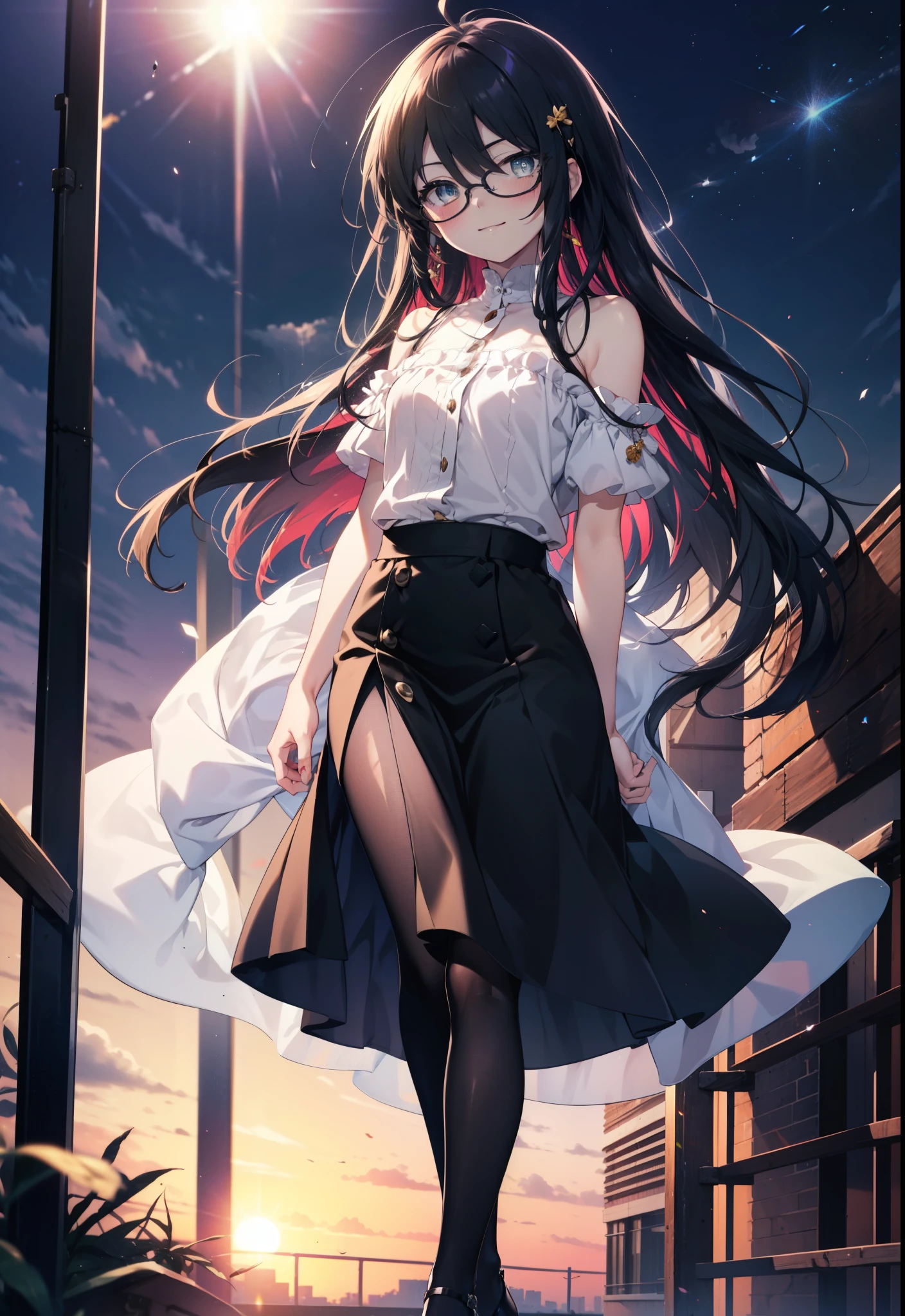 Shana,灼眼のShana,Ahoge,Long Hair,Black, Iris, Small breasts,happy smile, smile, Close your mouth,blush,Black-rimmed glasses,Cold shoulder tops,Short sleeve,Long skirt,Black pantyhose,Stiletto heels,walking,morning,morning陽,The sun is rising,whole bodyがイラストに入るように,
break looking at viewer, whole body,
break outdoors, Building district,
break (masterpiece:1.2), highest quality, High resolution, unity 8k wallpaper, (shape:0.8), (Beautiful and beautiful eyes:1.6), Highly detailed face, Perfect lighting, Highly detailed CG, (Perfect hands, Perfect Anatomy),