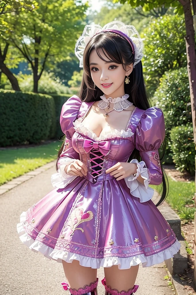 (nsfw), sexy stylish Swedish model, only 1 female, ((doll-like appearance)), long purple stylish hair, ((shiny Victorian-Style boots)), (big smile), ultra detailed eyes, vivid eye makeup, lipgloss, long lashes, defined eyebrows, (small naked breasts), ((sexy Paradise Kiss cosplay)), (naked aroused open pussy), bell-shaped skirt, petticoats, high neckline, puffed sleeves, ((ultra detailed lace)), ((ultra detailed embroidery)), intricate details, Paradise Kiss accessoires and matching headpiece, choker, ((large sparkling Paradise Kiss jewelry)), cinematic light, detailed large park background with trees 