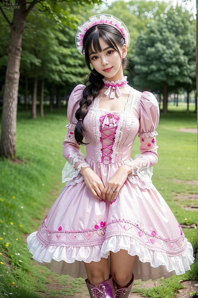 sexy stylish Thai model, only 1 female, ((doll-like appearance)), long neon pink stylish hair, ((shiny Victorian-Style boots)), (big smile), ultra detailed eyes, very detailed eye makeup, lip-gloss, long lashes, defined eyebrows, ((sexy Sweet Lolita cosplay)), bell-shaped skirt, petticoats, high neckline, puffed sleeves, ((ultra detailed lace)), ((ultra detailed embroidery)), intricate details, animals, fairy tales, heart-shaped bag, Sweet Lolita accessoires, large bow, Sweet Lolita choker, ((large sparkling Sweet Lolita jewelry)), cinematic light, detailed large park background with trees