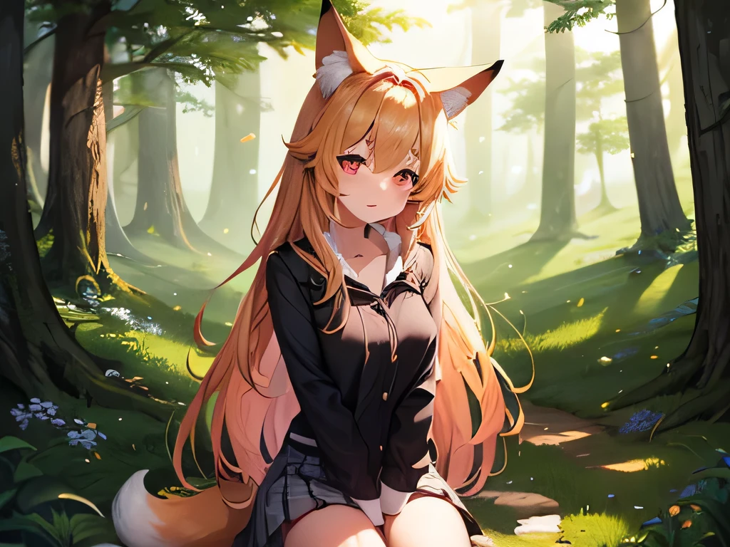 girl who is a fox in a forest, kawai