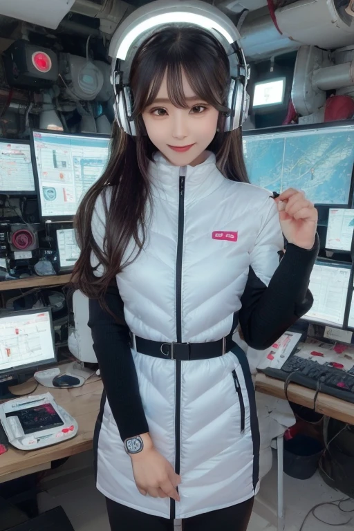 masterpiece, highest quality, Very detailed, 8K Portrait,Japanese Android Girl,plump , Control panel,Robotic arms and legs, Blunt bangs,,break (Metallic Gray, Metallic luster, Mirror finish, Astro Best):5,headphone:5,break (Black sleeves):100,Smart Watches,Futuristic space station,Control Room,break headphone,blue eyes,(Black Hair):2,(Long Hair):1.3,View the viewer,(respirator),break blush:3,Hidden Hand,smile