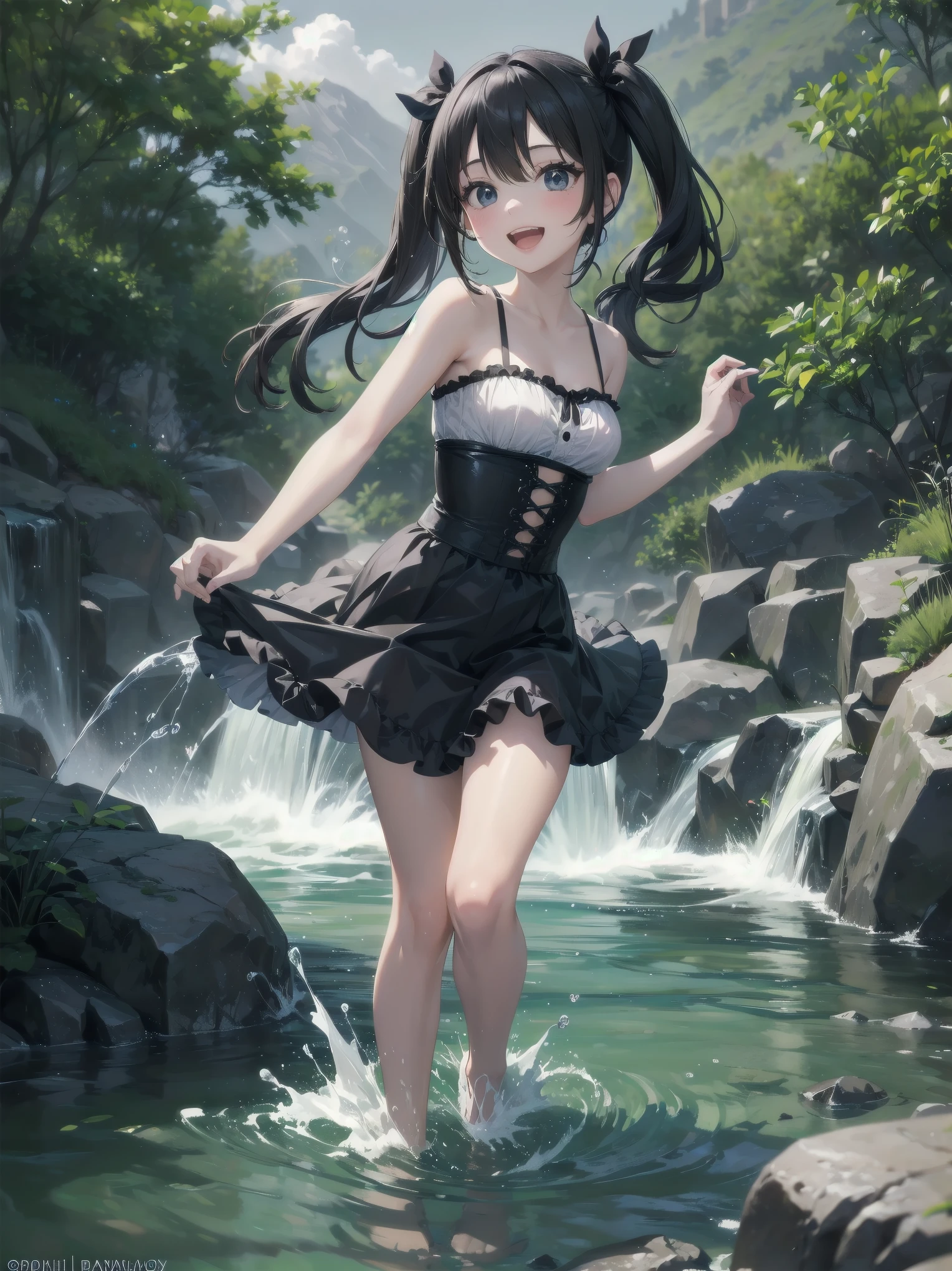 Subject: {A naive girl boldly frolics by the water's edge
Subtitle: {Long black hair in twin tails}{Black bustier and frilly skirt in gothic fashion}{Bobbing her feet in the stream}{Clear mountain stream}{Happy laughter}{High quality camera, f/1.8, 1/500 sec, ISO 400, slow shutter effect}

A young girl with long black hair tied in twin-tails is having a cheerful laugh in a clear mountain stream. She is wearing a black bustier and frilly skirt in gothic fashion and is kicking up the water in the stream with her feet, splashing around. Her joyful laughter echoes around her, and her innocence warms the heart. In the background, lush green mountains and clear streams make her lively as she plays in nature. Shot with a high quality camera at f/1.8 aperture, shutter speed 1/500 sec, ISO 400, the slow shutter effect beautifully expresses the movement of the water. Her smile is clearly shown as if she has captured a moment of brilliance. The shot has a high quality feel like a photogravure shoot and mak