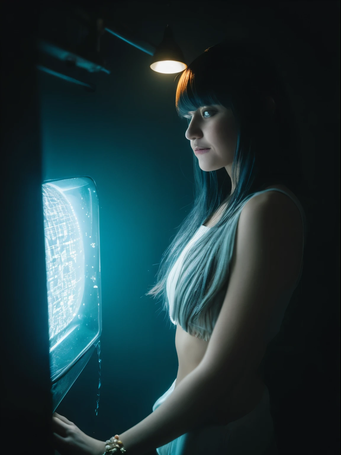award winning photo, naked 28 yo woman, cute, beautiful, long dark hair, exhausted, tied to retro computing unit by wires at scifi retro space station, fog, backlighted, rimlight, cinematic light, color grading, insane details, dof, detailed, by brian oldham, 500px