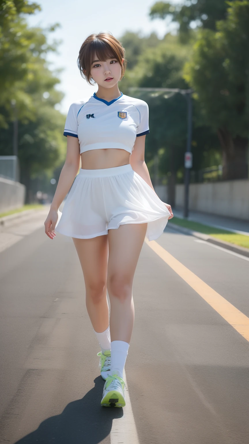 ((8k:1.27), best quality, masterpiece, ultra highres:1.2) Photo of cute idol girl (beautiful:1.1), teen, 18 years old, fantasy, detailed, professionally photography, Hasselblad camera, depth of field, 300mm fixed lens, super realistic, ray tracing, cinematic photography, natural lighting, thick body, short pixie haircut, randomly hair color, cute asian girl, big breast, solo girl, 1 girl, wear jersey soccer, play soccer, kick ball, dribbling, full body, kick the ball