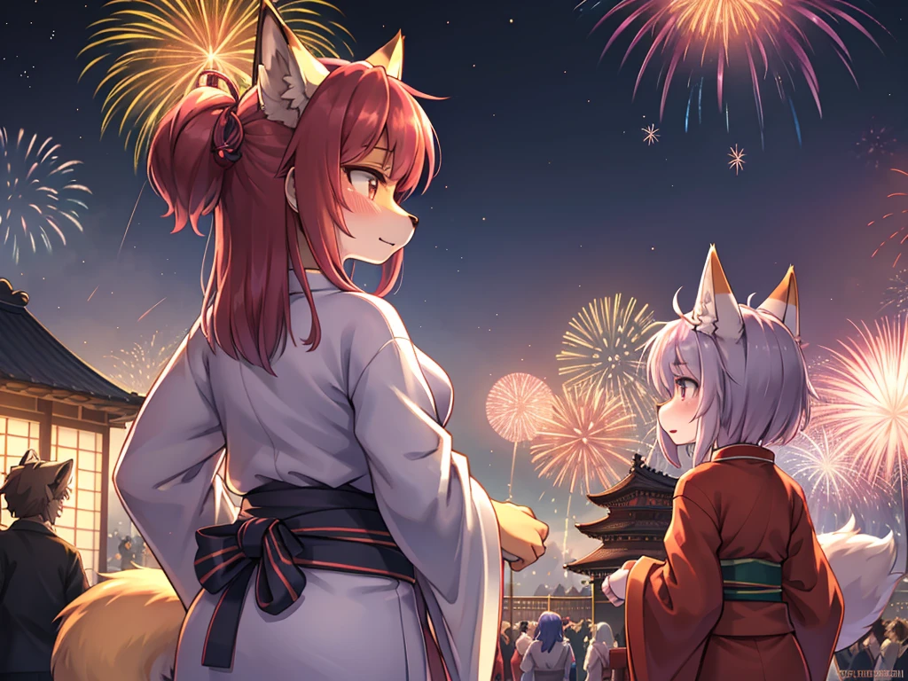 masterpiece, high resolution, high quality, festival, fireworks, 2 girls, (white kimono, red hair ornament, big, cat ears, floral pattern, yellow eyes, white hair, twin tails), (lilac kimono, purple hair ornament, big, floral pattern, blue eyes, blonde, ponytail), NSFW, seduction, kissing
