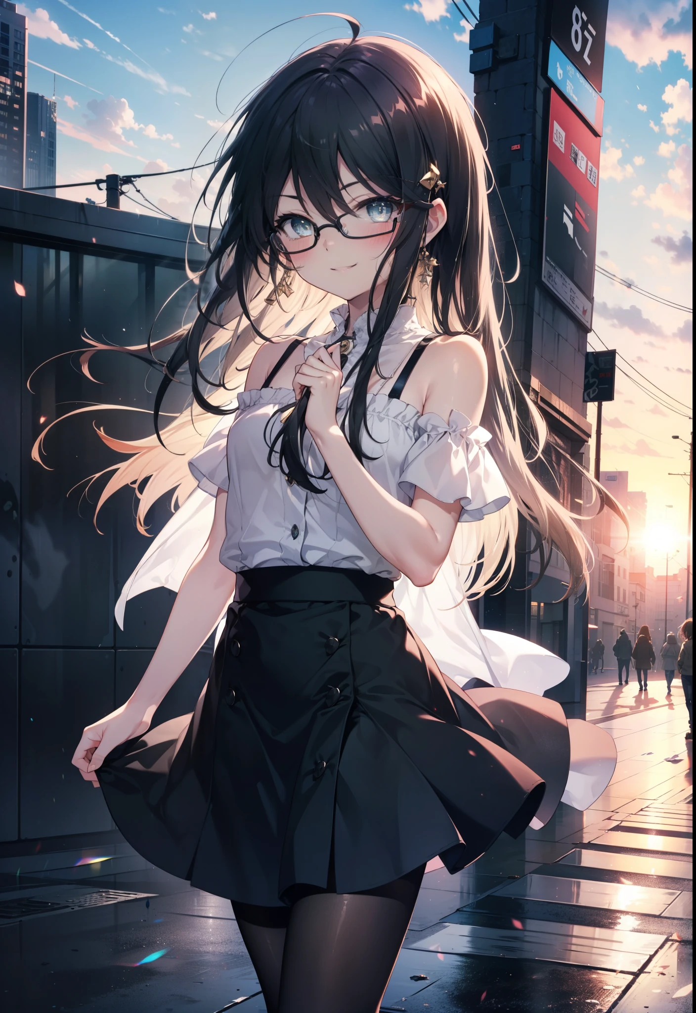 Shana,灼眼のShana,Ahoge,Long Hair,Black, Iris, Small breasts,happy smile, smile, Close your mouth,blush,Black-rimmed glasses,Cold shoulder tops,Short sleeve,Long skirt,Black pantyhose,Stiletto heels,walking,morning,morning陽,The sun is rising,whole bodyがイラストに入るように,
break looking at viewer, whole body,
break outdoors, Building district,
break (masterpiece:1.2), highest quality, High resolution, unity 8k wallpaper, (shape:0.8), (Beautiful and beautiful eyes:1.6), Highly detailed face, Perfect lighting, Highly detailed CG, (Perfect hands, Perfect Anatomy),