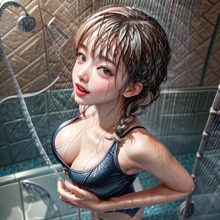 SFW, (Snapshot of girls having fun, open shower room by the pool), Braid hair, With bangs、(School Swimwear), the body is covered with juice、Sweating、be sweaty、Wet pearl skin, ((Wet swimsuit)), Perfect Lighting, Clear Focus, (bokeH:1.4), Roundly s, { (shower:1.7) | (Kissing face to face) | (Overflowing Gigantic sideboob) | Buttck | (from above:1.4) }, hidden hands BREAK (NOGIZAKA girls)  ((Extremely Detailed very KAWAII face variations)), perfect anatomy, Childishtivating gaze, elaborate detailed Eyes with (sparkling highlights:1.2), long eyelashes、Glossy RED Lips with beautiful details, Coquettish toe, Rosy cheeks . { (Dynamic joyful expressions) | (:d) }, (no large eyes) . (close-up:1.28)