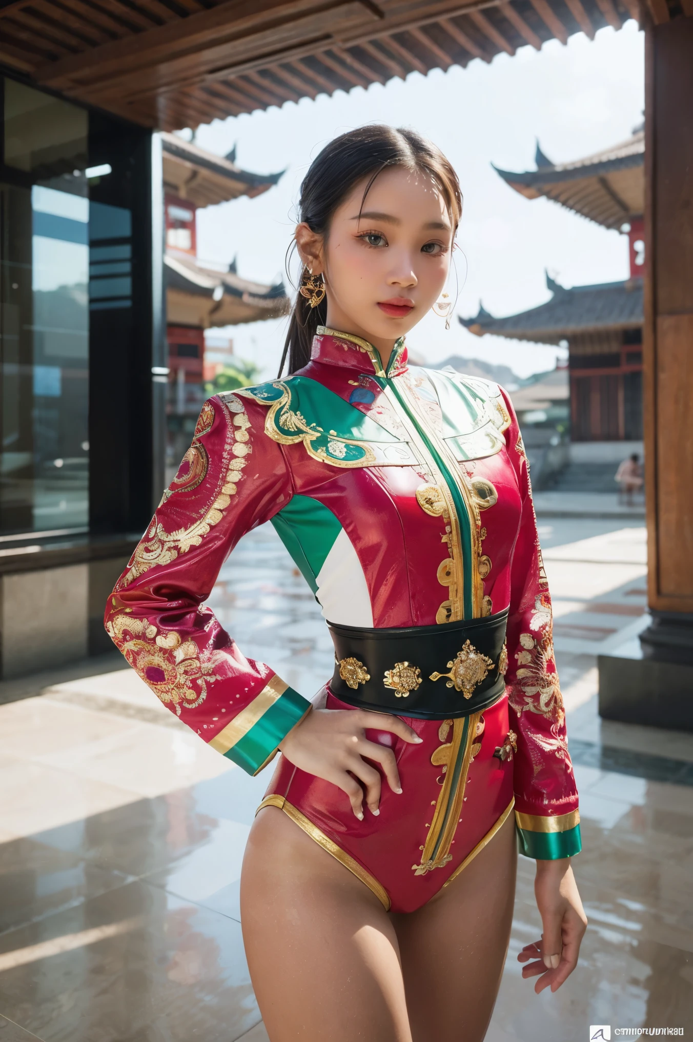 An Indonesian-styled futuristic suit worn by a girl depicting cultural fusion and modern fashion. The suit is adorned with intricate patterns and vibrant colors, showcasing the rich heritage of Indonesia. The girl stands confidently in a dynamic pose, with her detailed eyes reflecting determination and curiosity. The suit's material is a combination of traditional textiles and futuristic synthetic fabrics, giving it a unique and avant-garde appearance. The overall image quality is of the highest standard, with sharp focus and ultra-detailed rendering. The artwork employs physically-based rendering techniques, resulting in realistic lighting and shadows. The colors are vivid and vibrant, capturing the essence of Indonesian cultural aesthetics. The background features a fusion of modern architecture and traditional elements, creating a harmonious blend of the past and the future. The prompt explores the intersection of Indonesian culture, futuristic design, and the artistic representation of a confident girl.