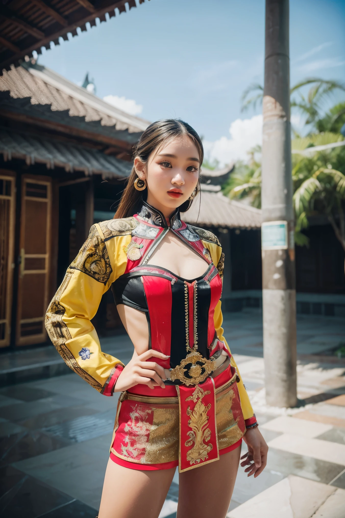 An Indonesian-styled futuristic suit worn by a girl depicting cultural fusion and modern fashion. The suit is adorned with intricate patterns and vibrant colors, showcasing the rich heritage of Indonesia. The girl stands confidently in a dynamic pose, with her detailed eyes reflecting determination and curiosity. The suit's material is a combination of traditional textiles and futuristic synthetic fabrics, giving it a unique and avant-garde appearance. The overall image quality is of the highest standard, with sharp focus and ultra-detailed rendering. The artwork employs physically-based rendering techniques, resulting in realistic lighting and shadows. The colors are vivid and vibrant, capturing the essence of Indonesian cultural aesthetics. The background features a fusion of modern architecture and traditional elements, creating a harmonious blend of the past and the future. The prompt explores the intersection of Indonesian culture, futuristic design, and the artistic representation of a confident girl.