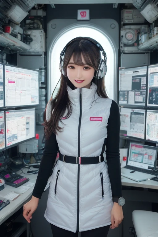 masterpiece, highest quality, Very detailed, 8K Portrait,Japanese Android Girl,plump , Control panel,Robotic arms and legs, Blunt bangs,,break (Metallic Gray, Metallic luster, Mirror finish, Astro Best):5,headphone:5,break (Black sleeves):100,Smart Watches,Futuristic space station,Control Room,break headphone,blue eyes,(Black Hair):2,(Long Hair):1.3,View the viewer,(respirator),break blush:3,Hidden Hand,smile
