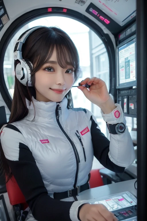 masterpiece, highest quality, Very detailed, 8K Portrait,Japanese Android Girl,plump , Control panel,Robotic arms and legs, Blunt bangs,,break (Metallic Gray, Metallic luster, Mirror finish, Astro Best):5,headphone:5,break (Black sleeves):100,Smart Watches,Futuristic space station,Control Room,break headphone,blue eyes,(Black Hair):2,(Long Hair):1.3,View the viewer,(respirator),break blush:3,Hidden Hand,smile