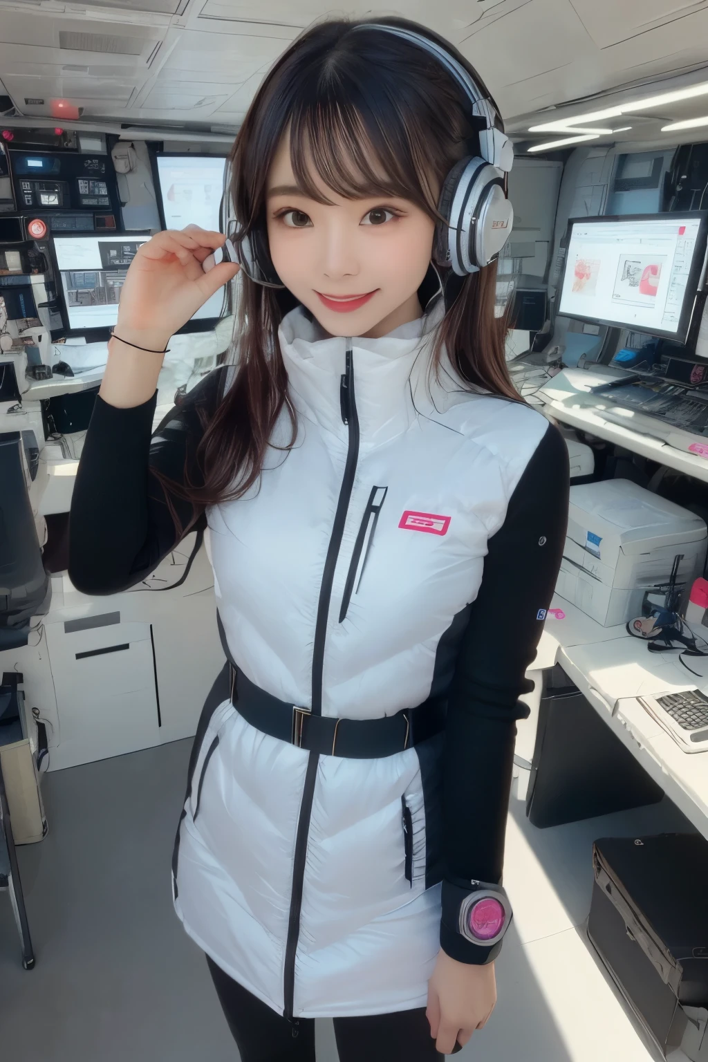 masterpiece, highest quality, Very detailed, 8K Portrait,Japanese Android Girl,plump , Control panel,Robotic arms and legs, Blunt bangs,,break (Metallic Gray, Metallic luster, Mirror finish, Astro Best):5,headphone:5,break (Black sleeves):100,Smart Watches,Futuristic space station,Control Room,break headphone,blue eyes,(Black Hair):2,(Long Hair):1.3,View the viewer,(respirator),break blush:3,Hidden Hand,smile