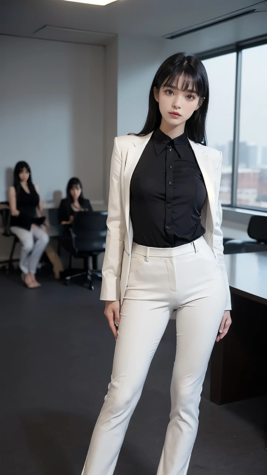 (((Backwards:2.0, Point your ass to the camera:2.0))), ((conference room:2.0)), ((Clothing:2.0, black long blouse:2.0, Black panties under white suit pants:2.0)), ((A grin:1.2, Small breasts:1.5, slender:1.5, Small Ass:1.5)), ((Japanese, 1 Girl, 18-year-old, 7 heads, Ideal body proportions, Black Hair, With bangs, Small breasts, Erect nipples, slender, Small Ass, Beautiful feet, Skinny Legs)), Surrealism, Cinematic Lighting, Depth of written boundary, First Person View, Boobs F/1.8, 135mm, Ticker, Mastepiece, Curate, ((Anatomically correct:1.3)), Textured skin, Super Detail, High detail, High quality, Awards, Best Quality, High resolution, 8K