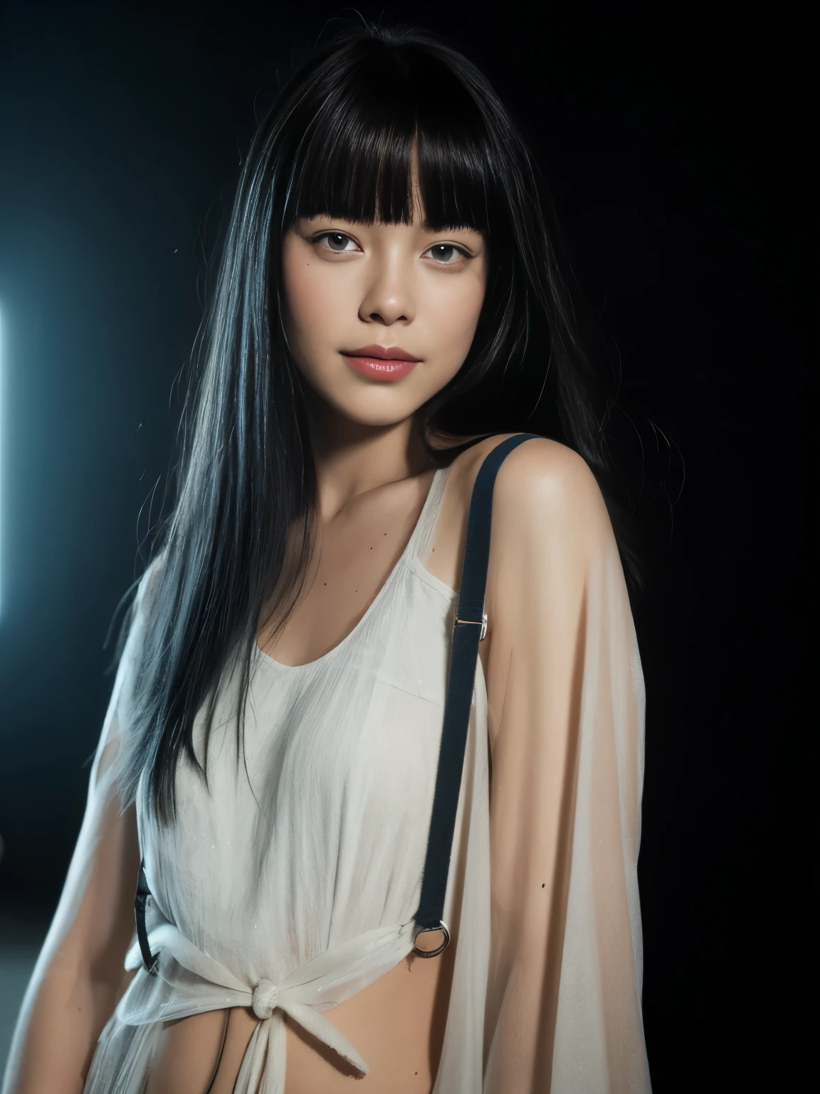 27 years old, hermosa linda chica americana, sonrisa mostrando los dientes, pecas, (piel oscura:1.5), (platinum blue largo bangs hair:1.4), (Gigi Hadid:1.1), (naughty girl makeup:1.1), (El FW), 1mujer, Solo, 24 years, cuerpo de 7 cabezas, (cute rostro), (ideal proportion body proportions), usando sudor, El disfraz es transparente, wet, sonrisa sonriente, cabello corto, pelo oscuro, , un delgado, small buttocks, piernas de belleza, piernas flacas, surrealism, lightning cinematográfica, profundidad de campos, Punto de vista unipersonal, F/1.8, 135mm, nffsw, mesa, preciso, ((anatomically correct)), piel texturizada, Super detail, detalles altos, High calidad, premiado, (obra maestra), animado, (foto_(medio):1.0), by Antonio J. Manzanedo, por Jeremy Lipking, 1 chica, lightning, en un paisaje surrealista, estilo de pintura con acuarela, Pinceladas, desabrochado, ojos naranjas, cola de caballo, cabello rosado, ciberpunk, ropa japonesa