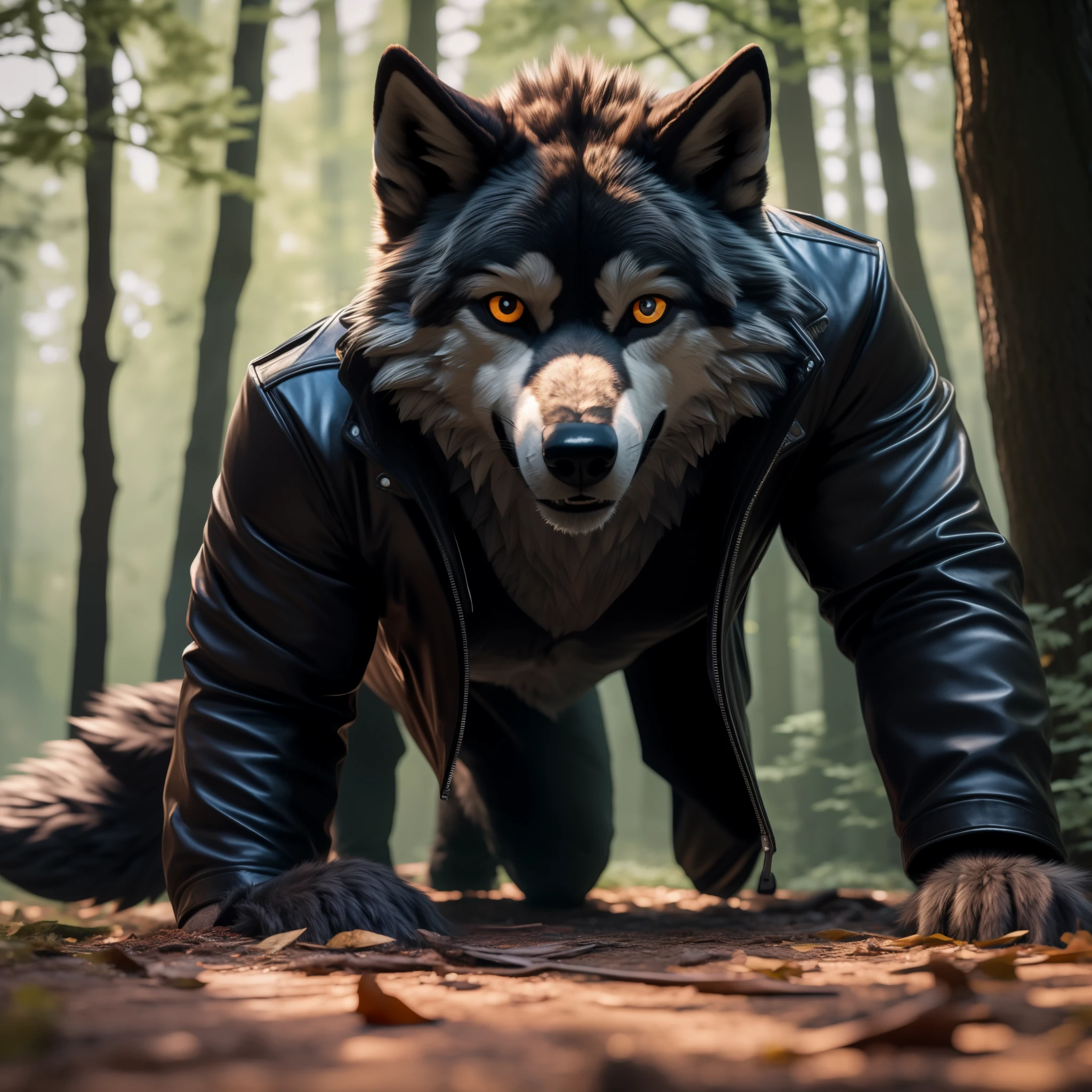 On all fours, Male, 30 years old, scared expression, black leather jacket, anthro, wolf ears, (black fur:1.5), wolf, forest background, 8k, hi res, (best quality, masterpiece), (wolf tail:1.5), detailed fur, blood on fur,