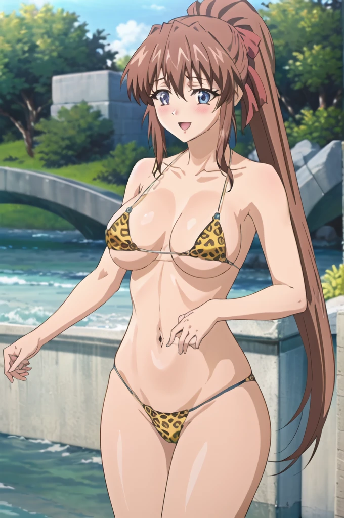 (masterpiece, 4K, highest quality, anime style: 1.9, Detailed face, Lovely, Ocean,Bold Line, High resolution, anime, Lake 4. alone, Curvaceous, Thighs, Cleavage, Center of chest, smile, Please open your mouth wide, Very slim belly, Cowboy Shot, Leopard print micro bikini,1 girl,ponytail,true blue,kanzaki aoi,Red hair ribbon,blush,Masturbation