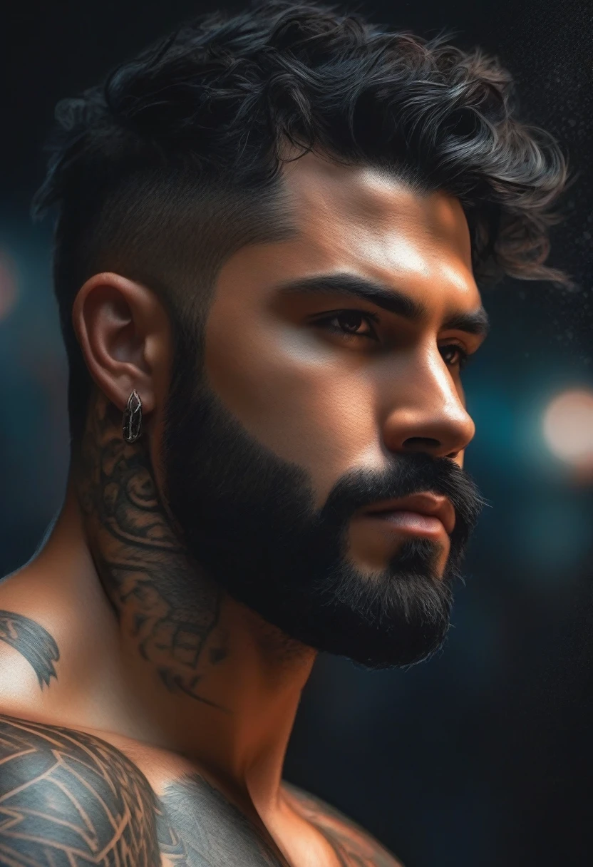~*~Breathtaking~*~ Cinematic realistic close-up shot in a movie scene, vibrant and highly detailed cores presented in cinemascope, creating a moody atmosphere. head close-up, front camera, handsome man, ritualistic (neck tattoo: 1.3), (incredibly detailed: 1.5), ((Alone)), Illustrated, hand-drawn, full-color movie poster of a masculine man, 28 years old, ruddy skin, stocky physique, soft belly, slightly chubby, deep brown eyes, wide bulbous nose, full lips, black hair, curly hair, eyebrows thick and bushy, extremely hairy chest, stomach and arms, lots of body hair, hard shadows, graphite shading, stencil markings, airbrushed acrylic paint, masterpiece,muscular man, in underwear, ((full body: 1.7)), (short black hair: 1.1), (muscular), by Jeremy Mann, by Sandra Chevier, by maciej kuciara, smoke and shadow, night, Sharp, ((Perfect body)), realistic, real shadow, 3d, ((full body)), ((dark and gloomy universe)), (by Michelangelo), glamorous photo of man (close up: 1.5), 1 man, chubby man with chest and arm tattoos, fantasy male portrait, beautiful realistic full body part, tattooed man, shirtless :: high detail, blessed waters wlop style, ma demon fit, hyperrealistic rendering, photorealistic art style, hyperrealistic 3D rendering, detailed full body part, man artstation aesthetic, realistic face and body, photographed by famous photographer in CANON 5D MARK, detailed skin with all raw details - ar 4:6 --q 2 - -s 750 --v 58k, 4k, by the sea in complete darkness and appears alone. , (ruined: 1.5), (best quality: 1.5), (masterpiece: 1.5), (best quality, 4k, 8k, high resolution, masterpiece: 1, 2), ultra detailed , (realistic, photorealistic, photorealistic: 1.37) , colorful, brushstrokes, sculptural quality, man, man, 30s, ((perfect face, ((male face)), (fantastic:1, 5), (best quality :1.5),((whole body:1.9))